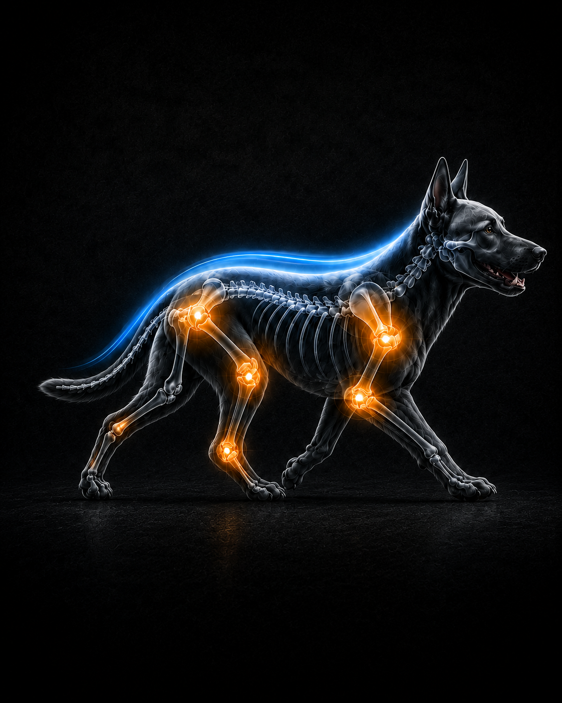 Anatomische Darstellung eines Hundes mit hervorgehobenen Gelenken