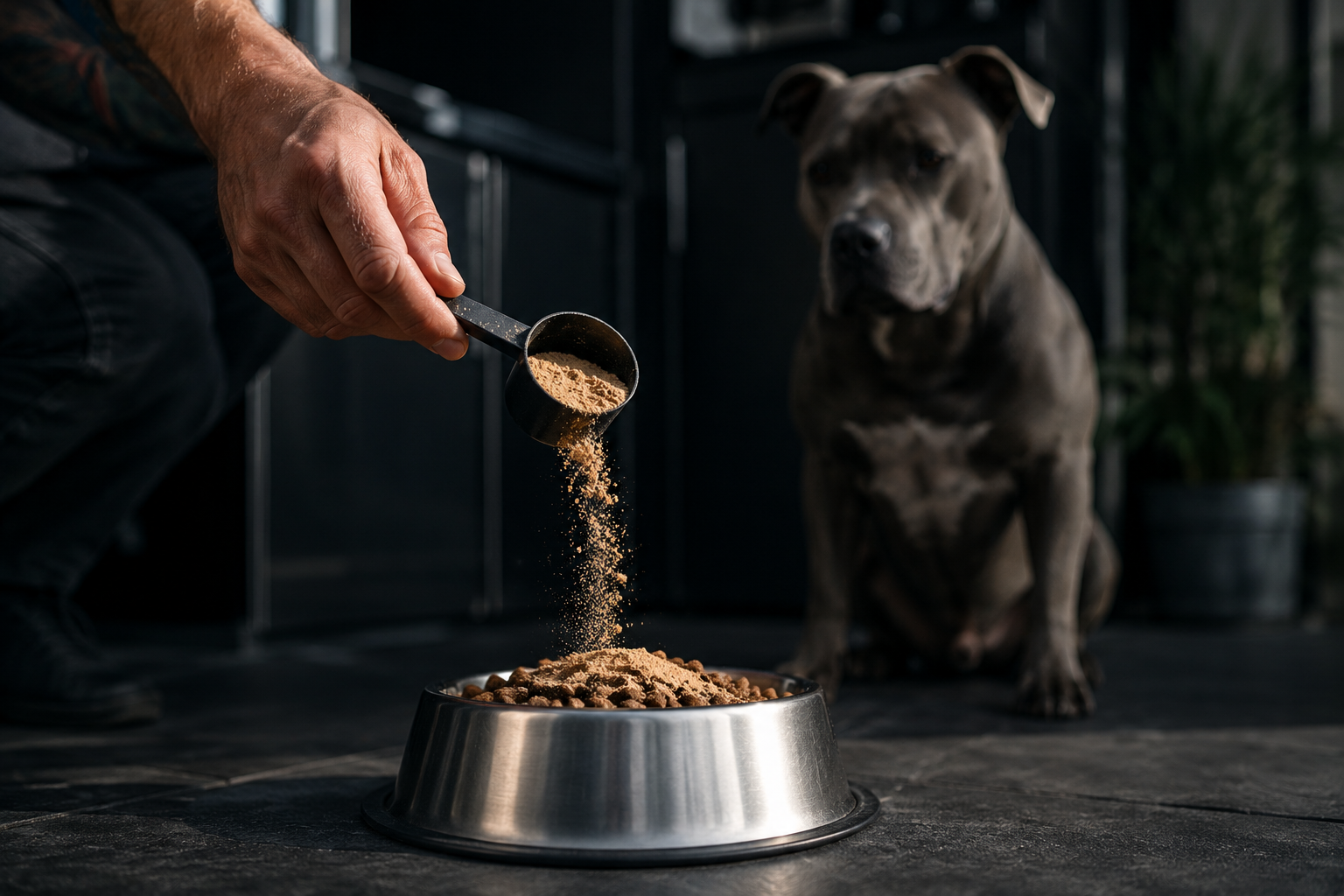 Hundebesitzer gibt das Supplement in den Futternapf