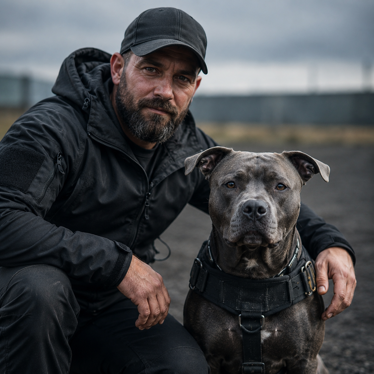 Porträt von Tobias mit Hund Zeus im Trainingsgelände