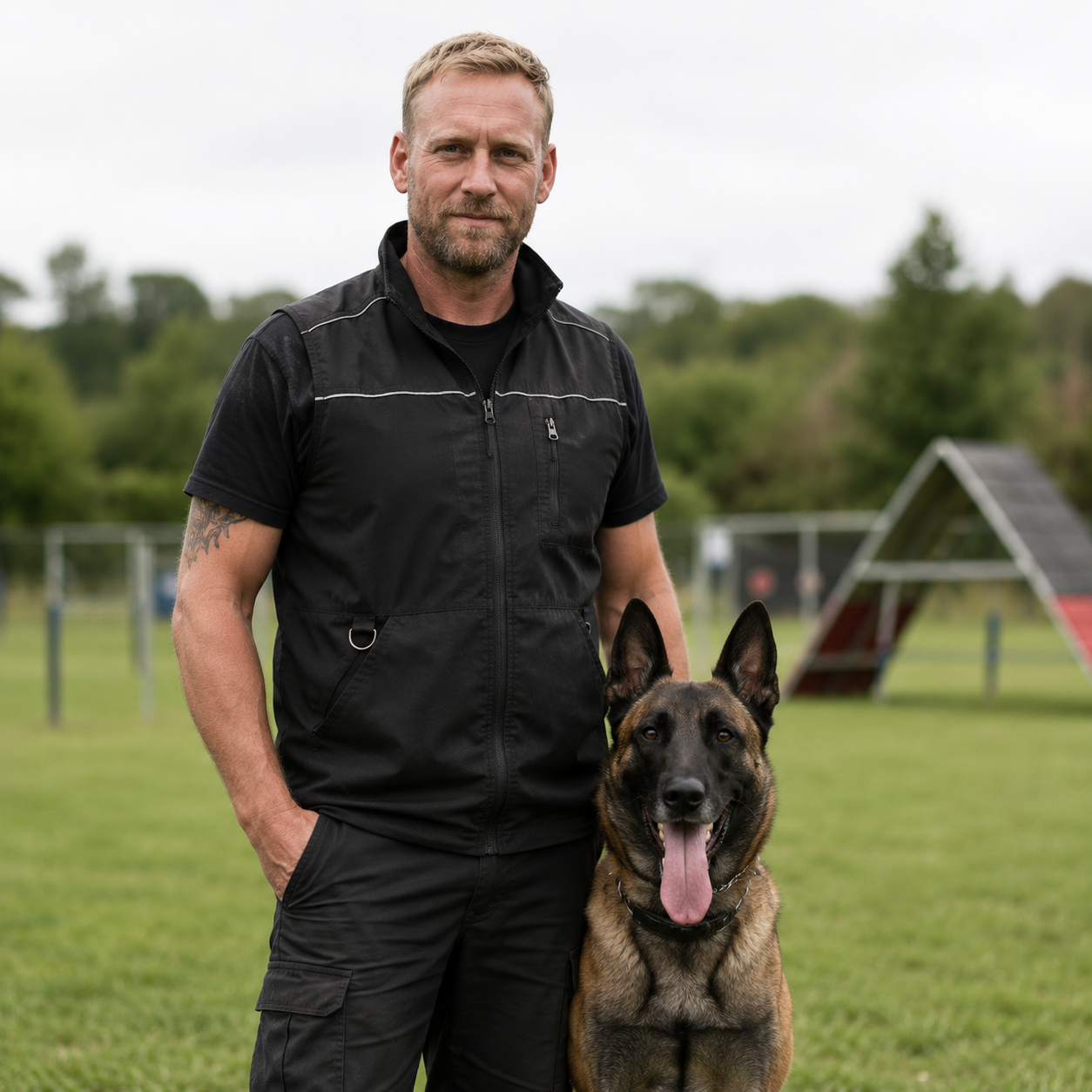 Porträt von Marc mit Hund Rex auf dem Hundeplatz